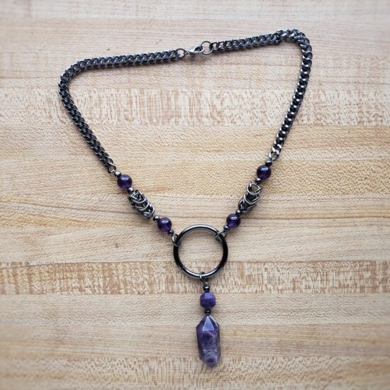 amethyst point, o ring, and box chain choker