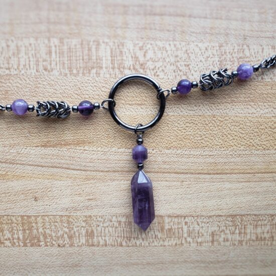amethyst point, o ring, and box chain choker