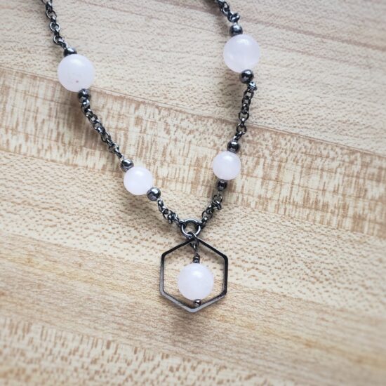 rose quartz & hexagon pendant necklace