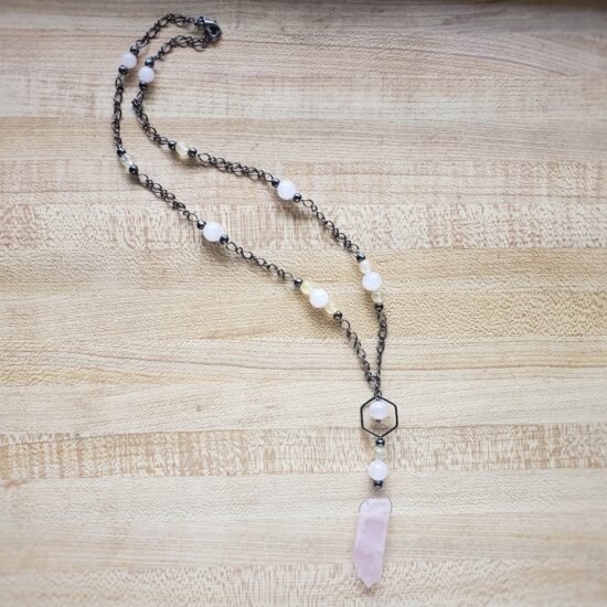 strawberry lemonade necklace with rose quartz stick pendant