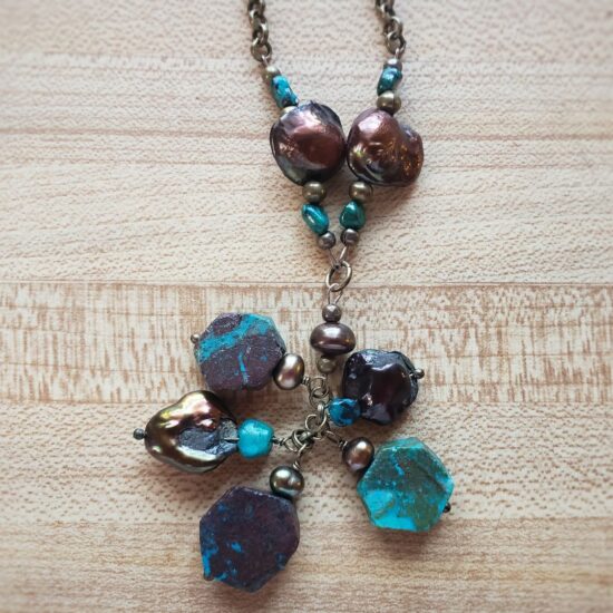 chrysocolla & freshwater pearl cluster necklace