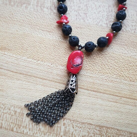 red coral & black lava tassel necklace