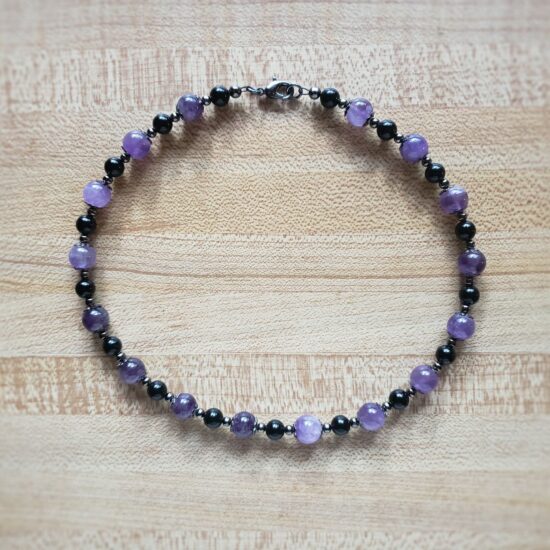 amethyst & black glass beaded choker (14″)