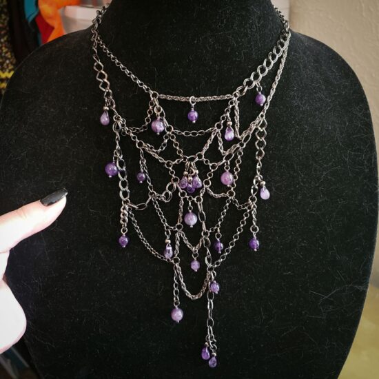 scrap chain spiderweb necklace with flawed amethyst (15.5″)