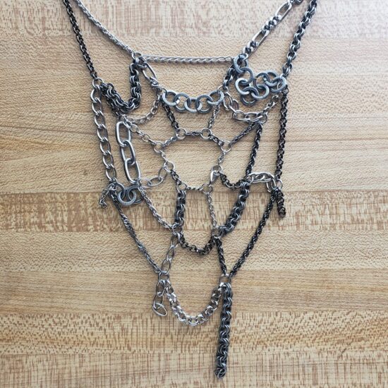 mixed silver tone scrap chain spiderweb necklace (15″)