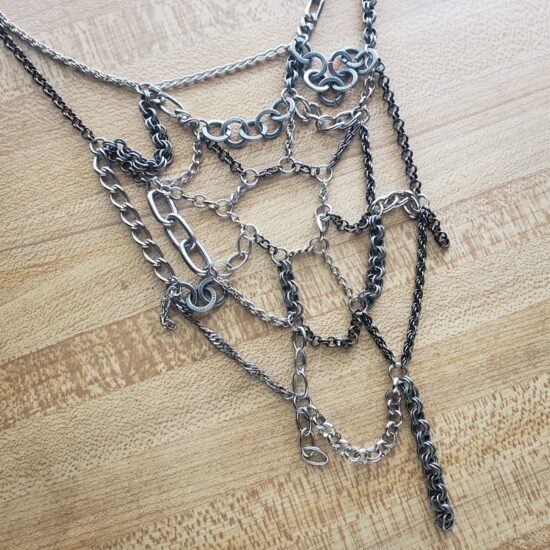 mixed silver tone scrap chain spiderweb necklace (15″)