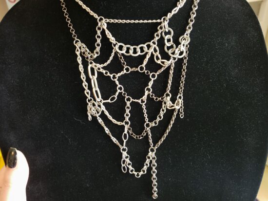 mixed silver tone scrap chain spiderweb necklace (15") - Image 6