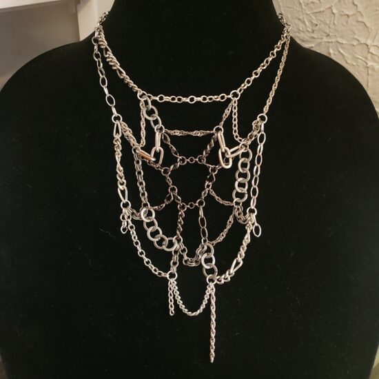 silver tone gradient scrap chain spiderweb necklace (15″)