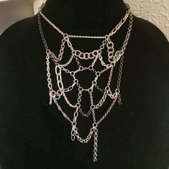 mixed silver tone scrap chain spiderweb necklace (15″)